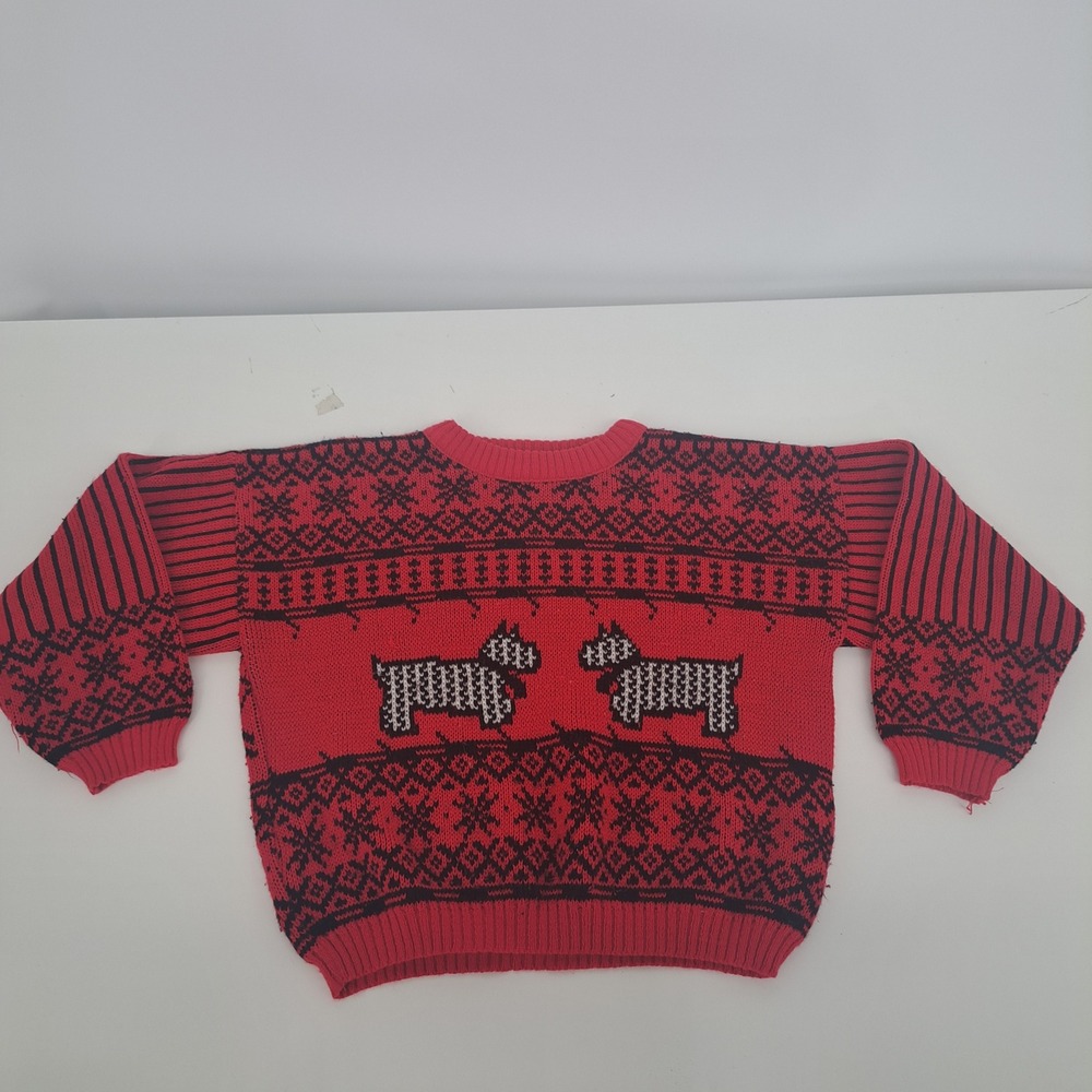VTG Topsville Scottie Dog Fair Isle Sweater Red Black Kids Large Portugal Retro